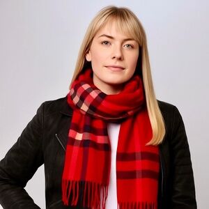 Cashmink Red Plaid Fringe Scarf Soft Lightweight Winter Wrap